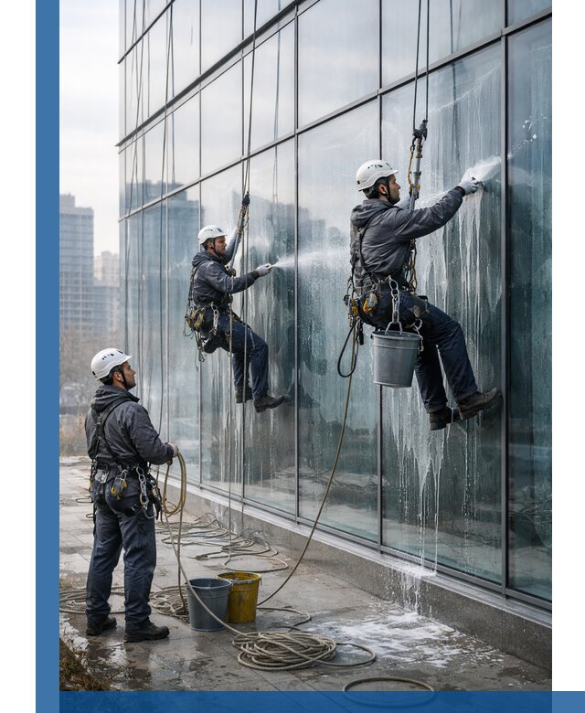 Промышленная мойка панорамных окон на высоте в Бердске