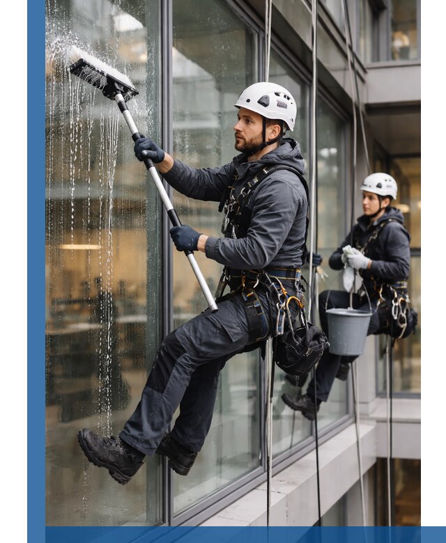 Профессиональная мойка витражей промышленными альпинистами в Бердске