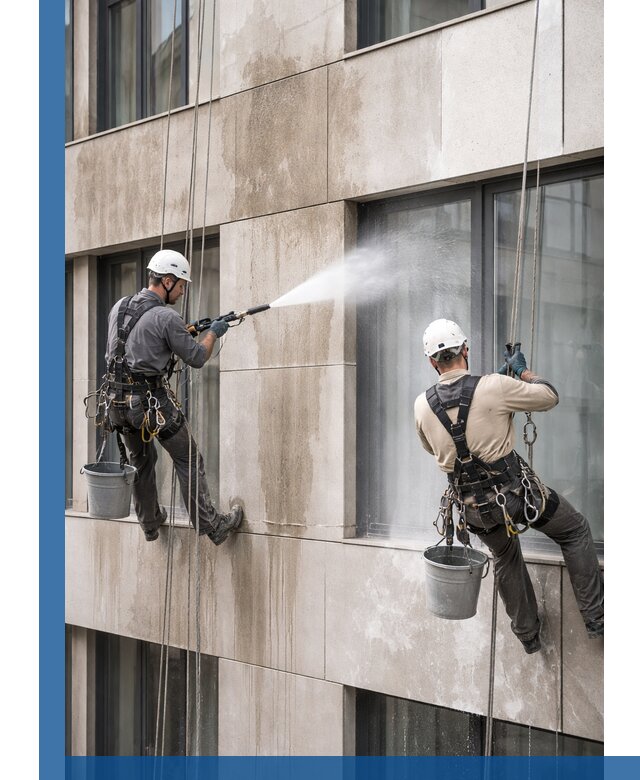 Послестроительная мойка фасада промышленным альпинизмом в Бердске