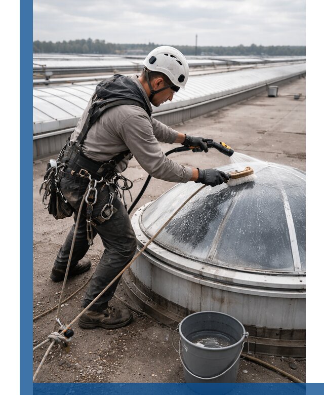 Мойка зенитных фонарей на кровле для промышленных объектов в Бердске