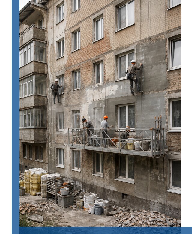 Капитальный ремонт фасада в Бердске с восстановлением и гидроизоляцией