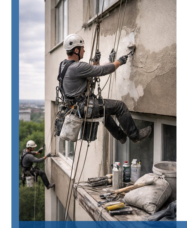 Косметический ремонт фасада зданий в Бердске промышленными альпинистами