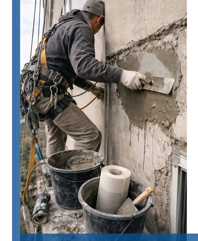 Ремонт бетонных элементов фасада промышленными альпинистами в Бердске