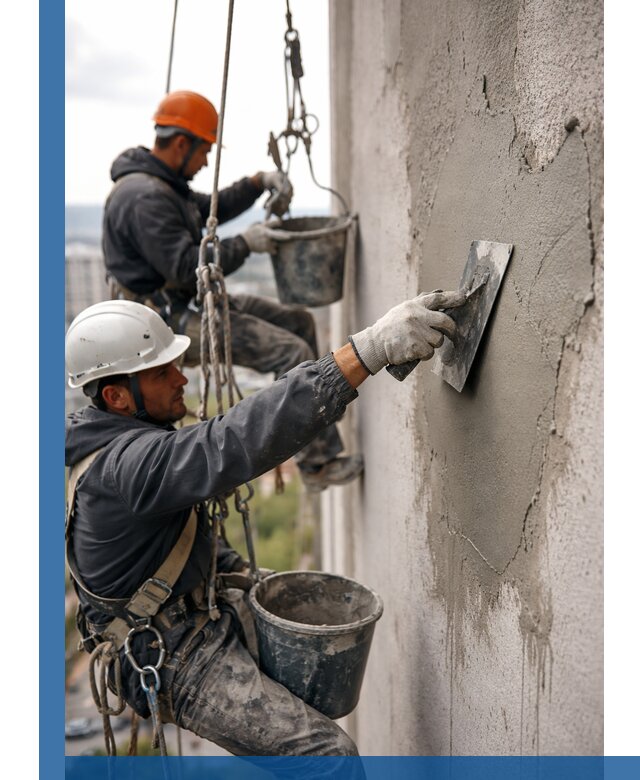 Штукатурка фасада на высоте в Бердске профессиональные работы