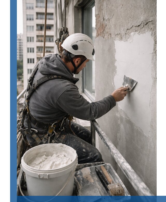 Шпаклевка фасадов на высоте с промальпинистами в Бердске