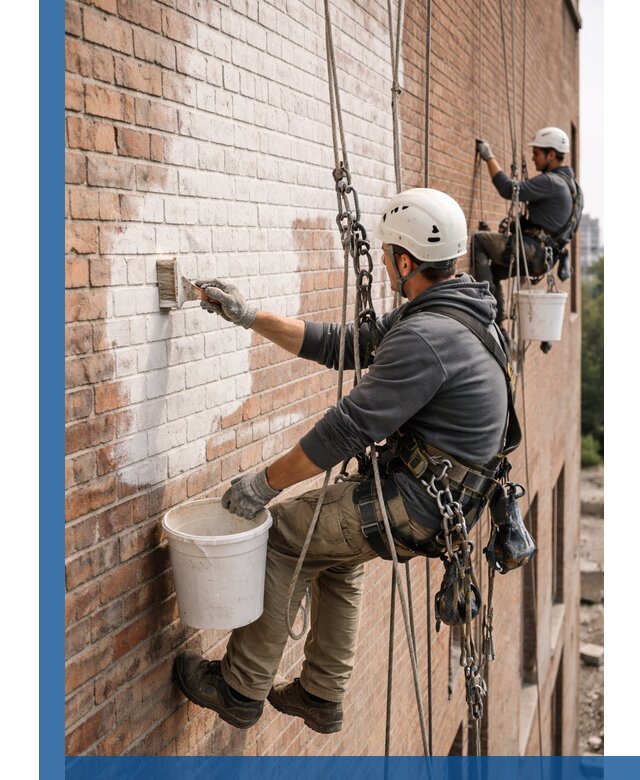 Покраска кирпичного фасада с доступным альпинистским сервисом в Бердске