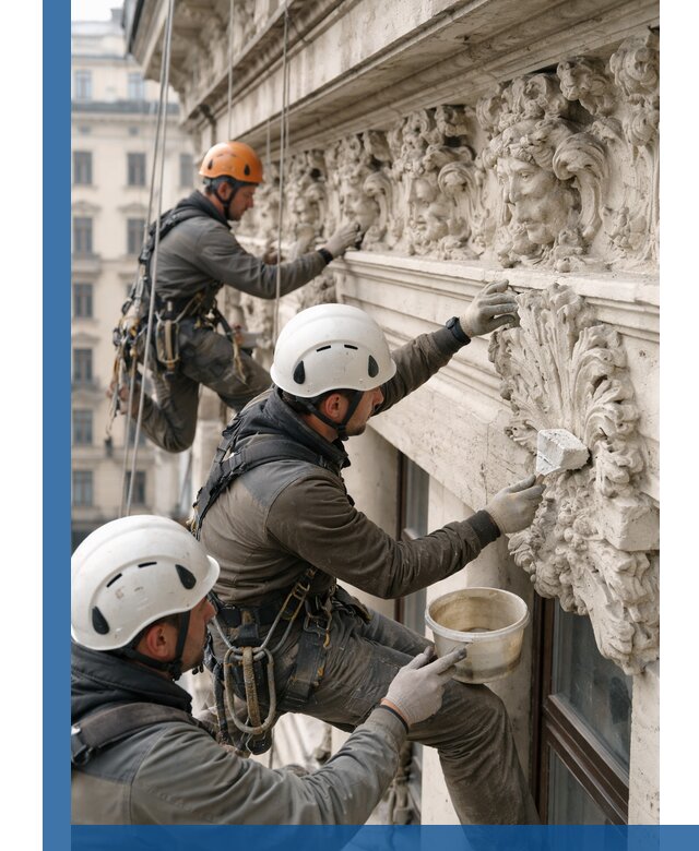 Реставрация фасадной лепнины с высотными работами в Бердске