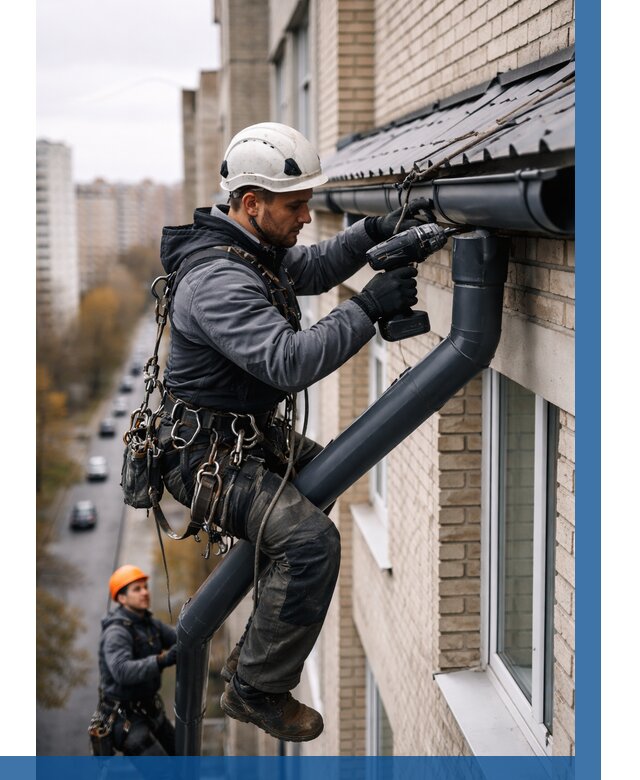 Монтаж водосточной системы на здании в Бердске от 5206 р. | ВЫСОТНИК-Брд