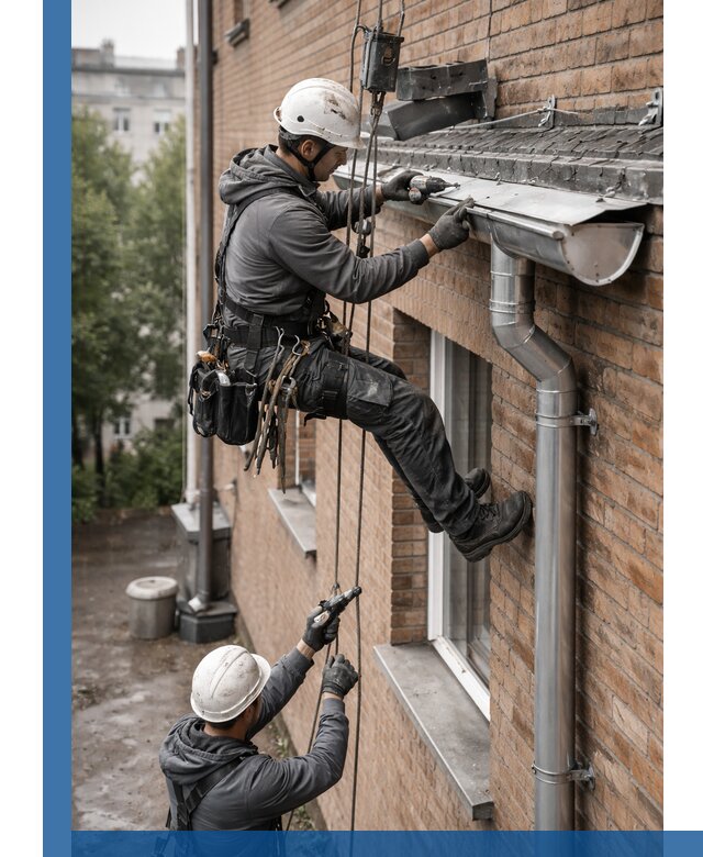 Монтаж водосточной системы на здании в Бердске под ключ