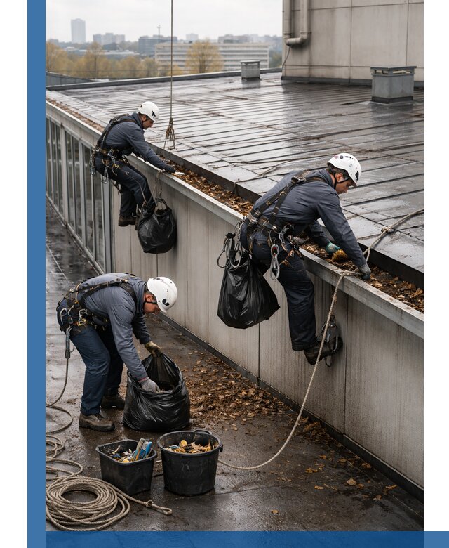 Очистка кровли по периметру в Бердске силами промышленных альпинистов