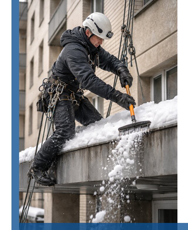 Очистка козырьков от снега в Бердске круглогодично безопасно