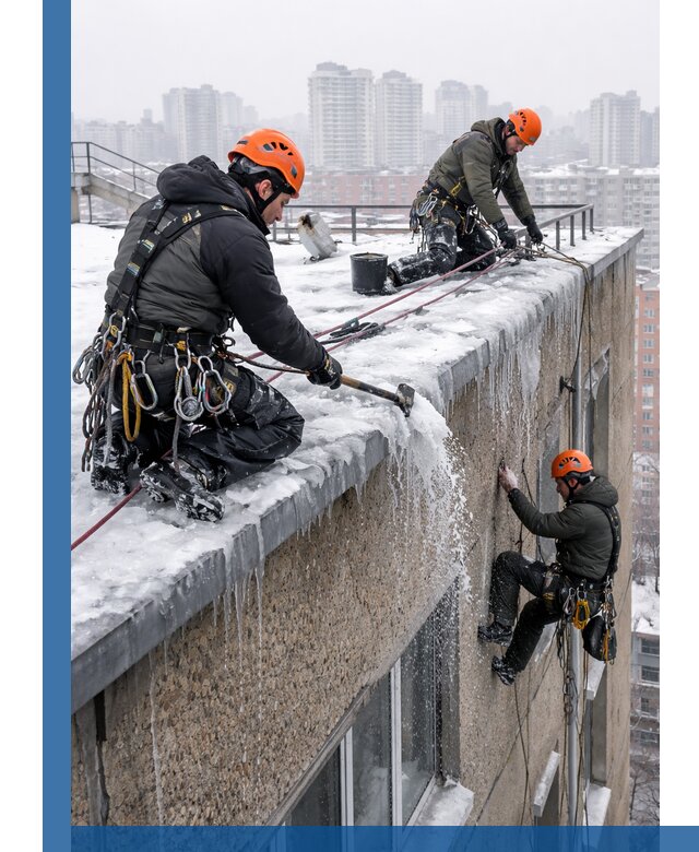 Удаление наледи с кровли в Бердске промышленными альпинистами