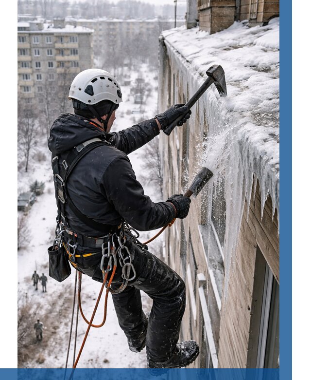 Сбивание сосулек с крыши в Бердске по цене от 4685 р. | ВЫСОТНИК-Брд