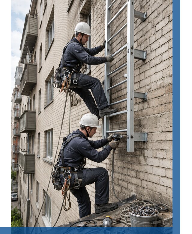 Монтаж пожарной лестницы в Бердске от 26030 р заказать у ВЫСОТНИК-Брд