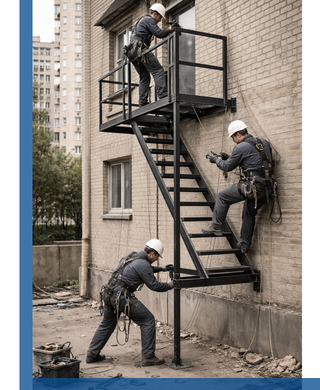 Монтаж пожарной лестницы в Бердске, установка и крепление