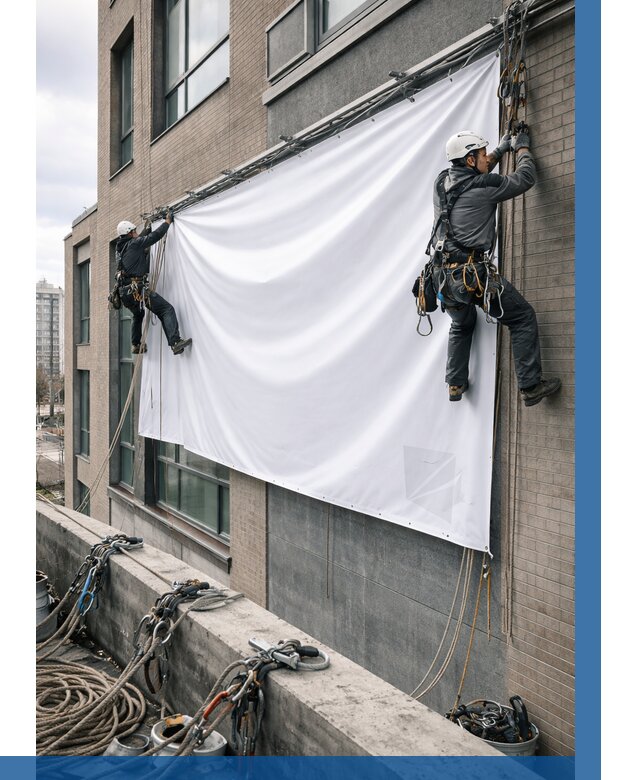 Монтаж баннеров на фасаде в Бердске от 677 р. заказать ВЫСОТНИК-Брд