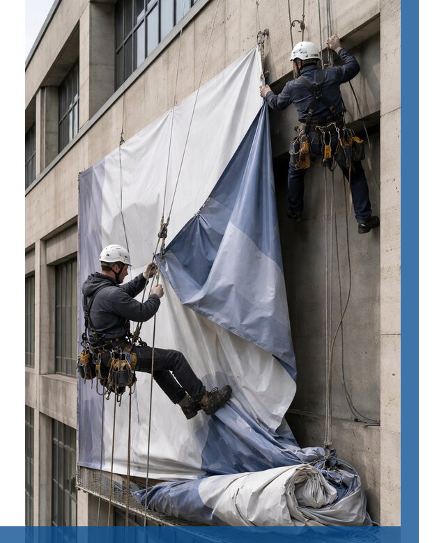 Демонтаж баннеров с фасада в Бердске от 4685 р. | ВЫСОТНИК-Брд