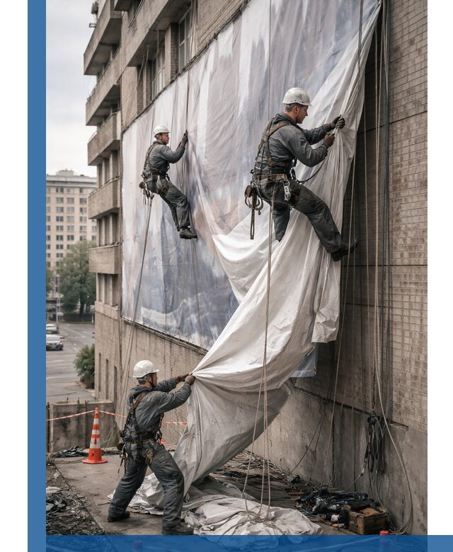 Демонтаж баннеров с фасада в Бердске оперативно и безопасно