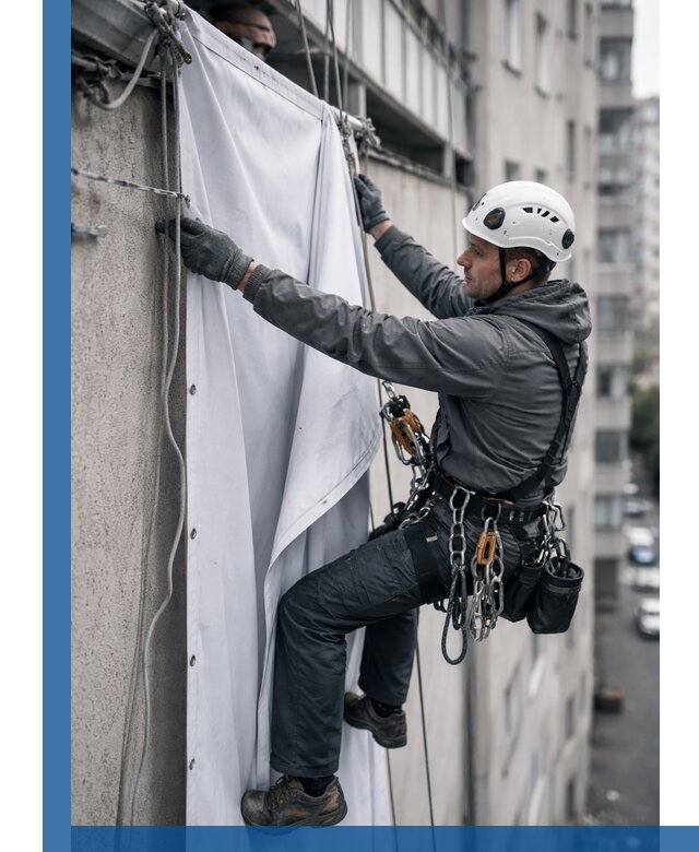 Замена баннерного полотна промышленными альпинистами в Бердске