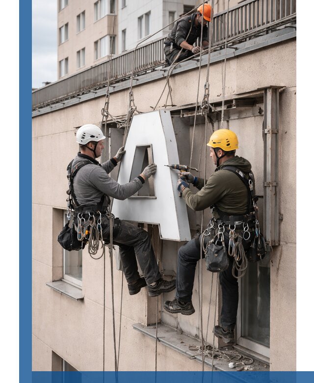 Ремонт и восстановление наружных вывесок на высоте в Бердске