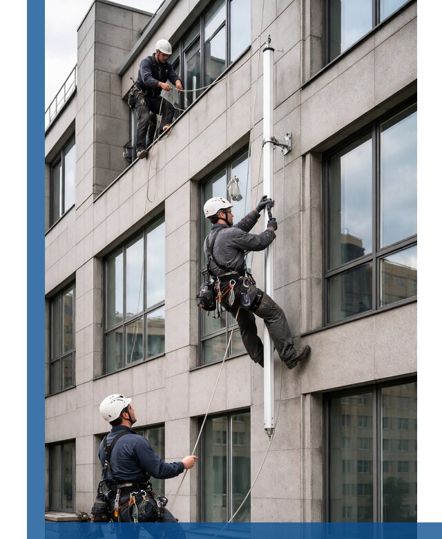 Монтаж флагштока на фасаде здания с креплением и герметикой в Бердске