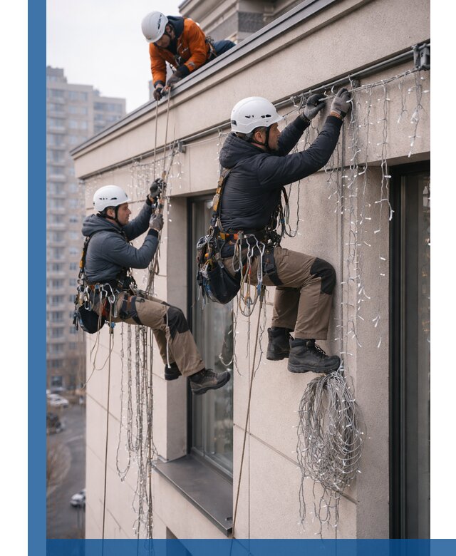 Монтаж праздничных гирлянд на фасаде в Бердске для зданий