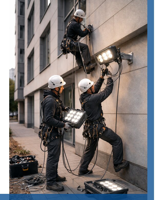 Монтаж прожекторов на фасаде в Бердске от 7809 р. | ВЫСОТНИК-Брд