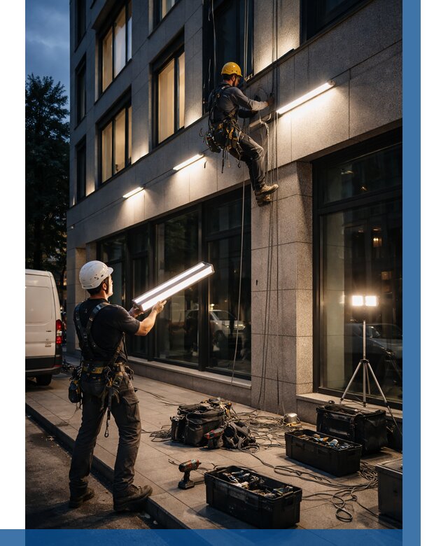 Монтаж архитектурной подсветки здания в Бердске от 2603 р.|ВЫСОТНИК-Брд