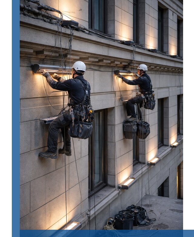 Монтаж архитектурной подсветки фасадов зданий в Бердске