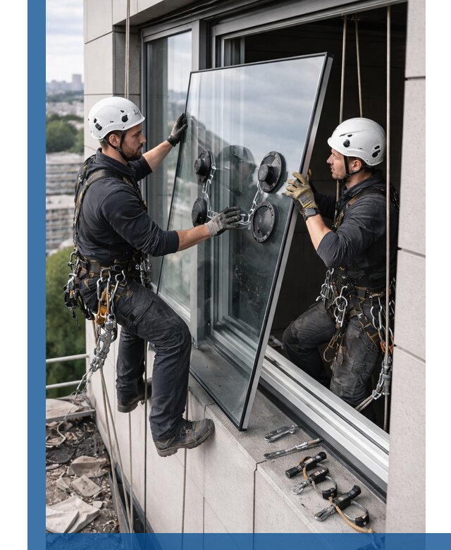 Замена стеклопакетов на высоте с промышленными альпинистами в Бердске