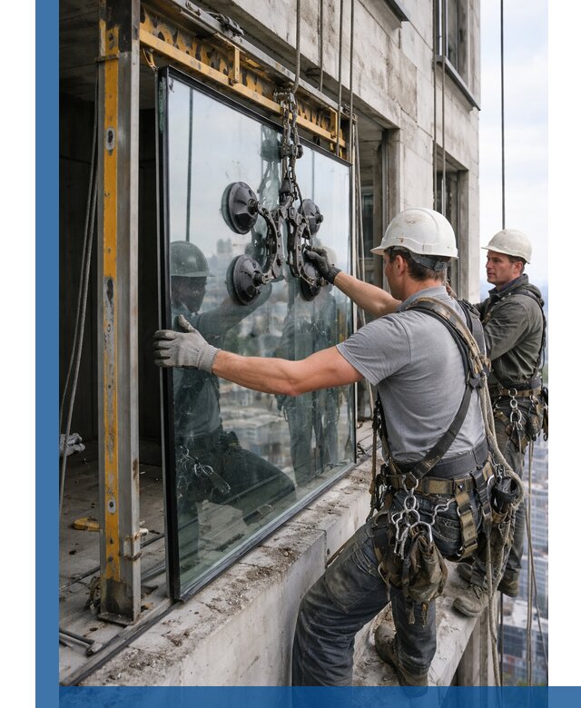 Монтаж стеклопакетов на высоте в Бердске с промышленным альпинизмом