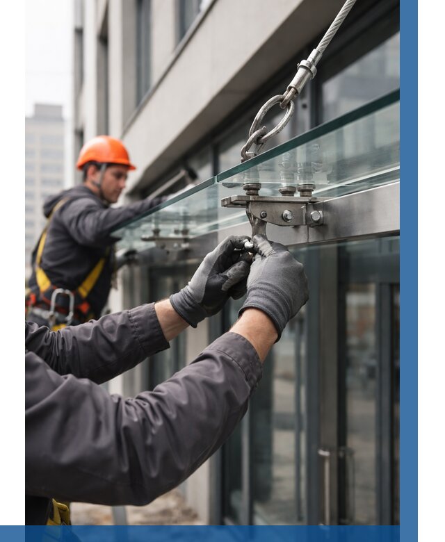 Монтаж стеклянных козырьков в Бердске от 8850 р. | ВЫСОТНИК-Брд