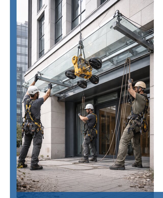 Монтаж стеклянных козырьков под ключ в Бердске для зданий