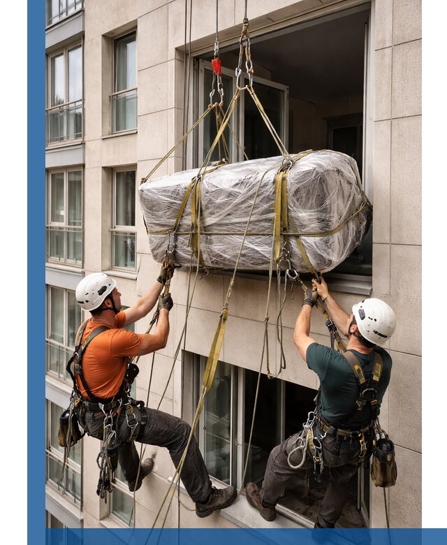 Подъем грузов через окно в Бердске промышленными альпинистами