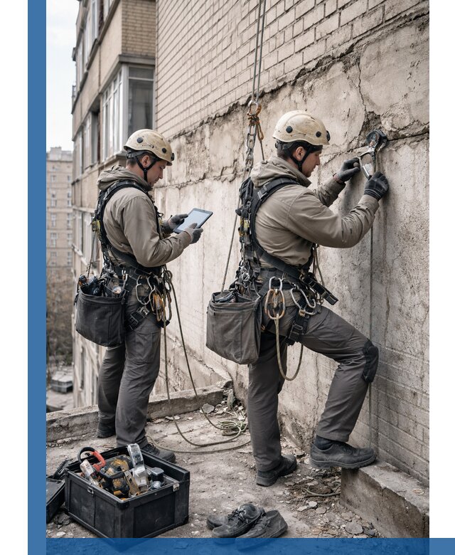 Обследование фасада промышленными альпинистами в Бердске